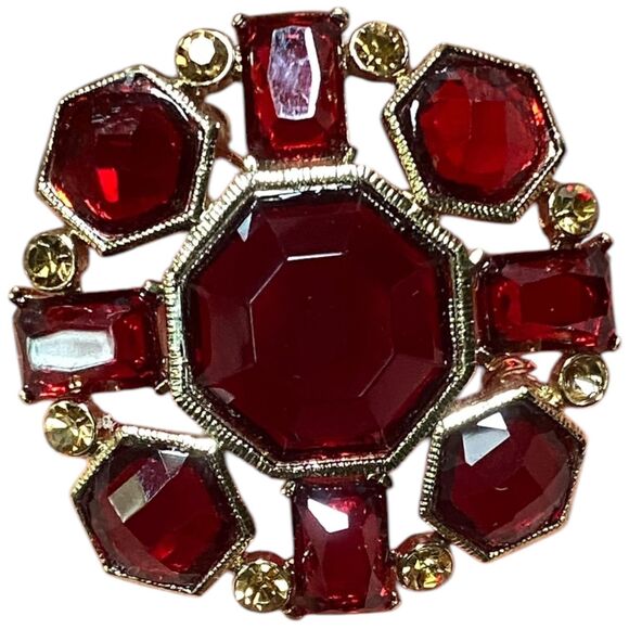 Monet Red Gem Statement Brooch Gold Tone Vintage Style Costume Jewelry Pin - Picture 2 of 9